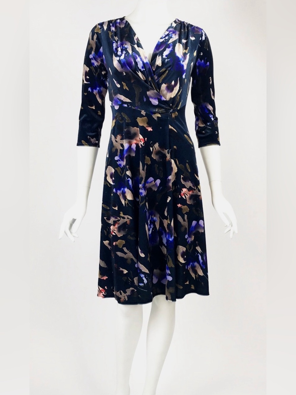 Floral Wrap-Style Knee-Length Dress in Navy and Purple Stretch Velvet